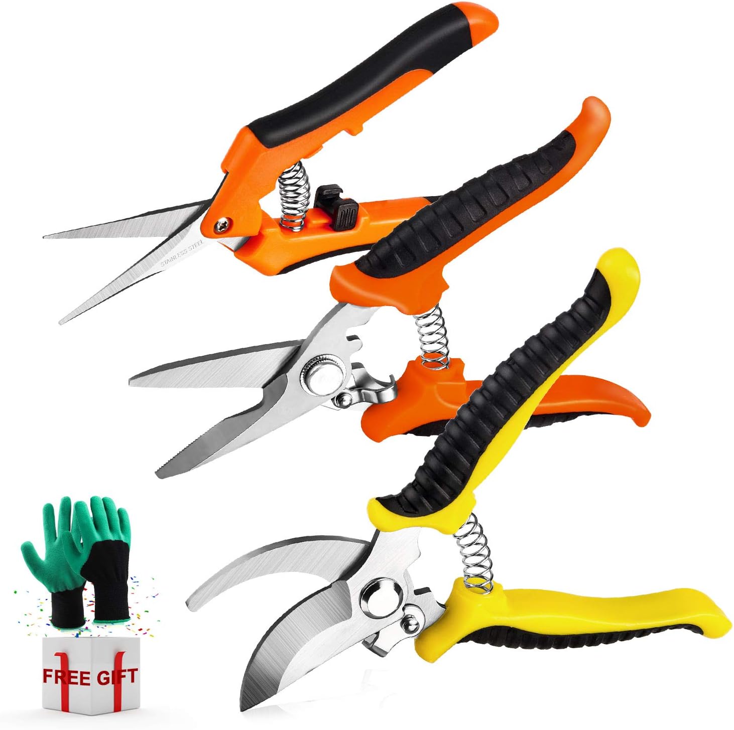 3 Pack Garden Pruning Shears Stainless Steel Blades Handheld Pruners Set with Gardening Gloves: Home Improvement