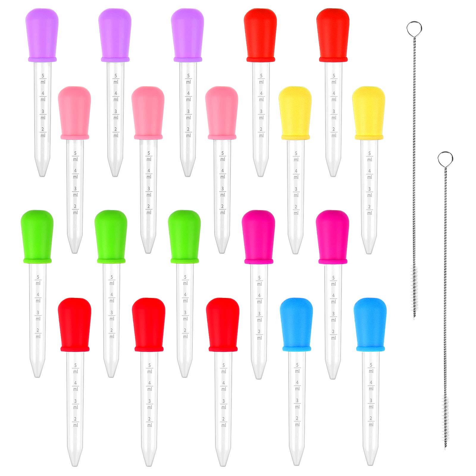 24Pcs 5ml Liquid Dropper, Silicone and Plastic Dropper Pipette, Liquid Dropper with 2pcs Cleaning Brushes for Candy Molds Chocolate Gummy Art Crafts (Multicolour)