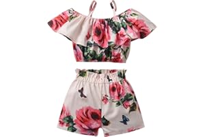 Toddler Baby Girl Summer Clothes Little Kids Sleeveless Rose Print Halter Tops T-Shirt Shorts 2PCS Outfit Clothing Set