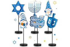 Shellwei 6 Pcs Hanukkah Table Decorations Decor Happy Hanukkah Wood Table Sign Chanukkah Party Decor for Home Indoor Centerpiece Menorah Dreidel Star of David(Classic Style)