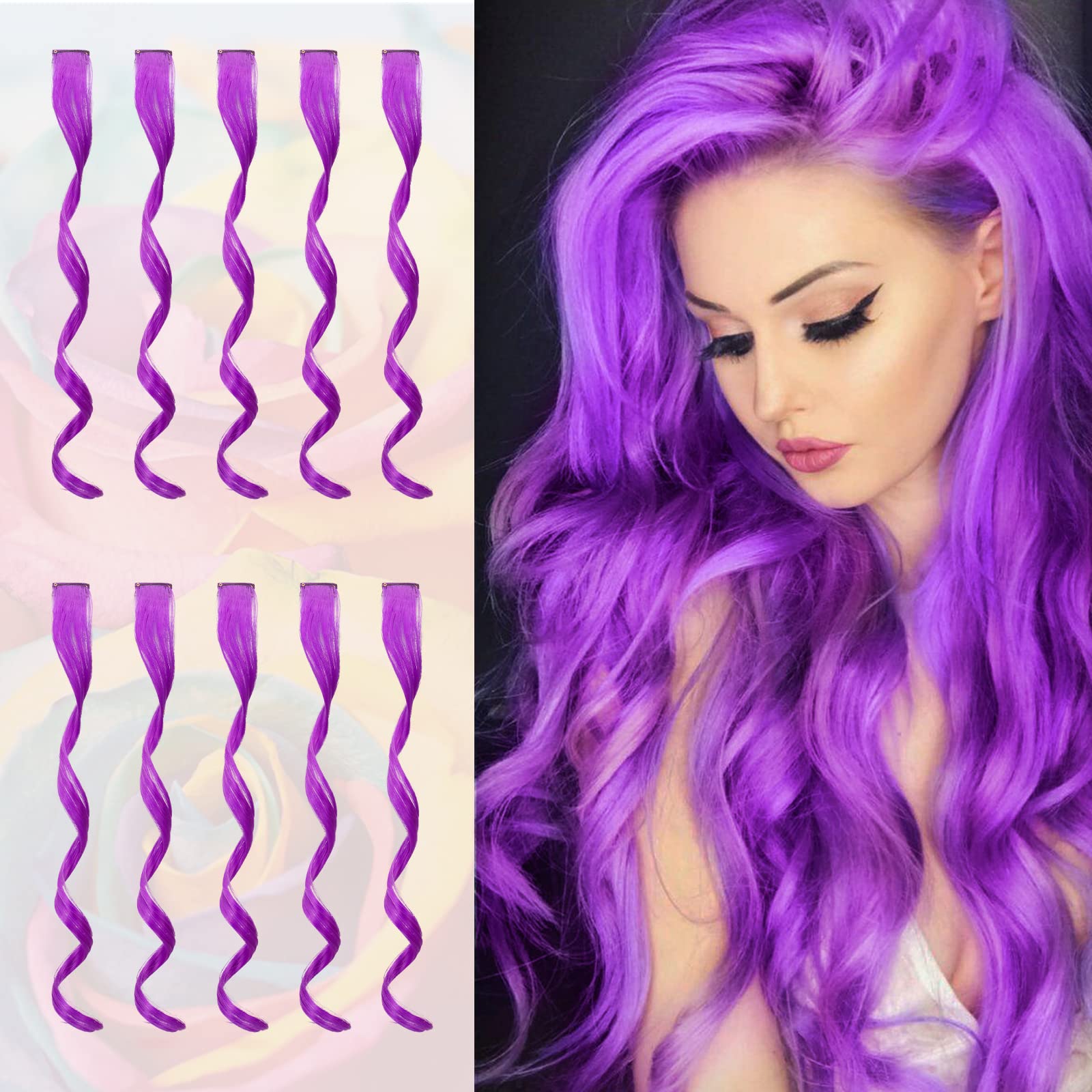 Sofeiyan 10 Pcs Colored Hair Extensions Party Highlights Colorful Clip in Hair Extensions 17 Inch Curly Wavy Synthetic Hairpieces for Women Party, Violet — image 1