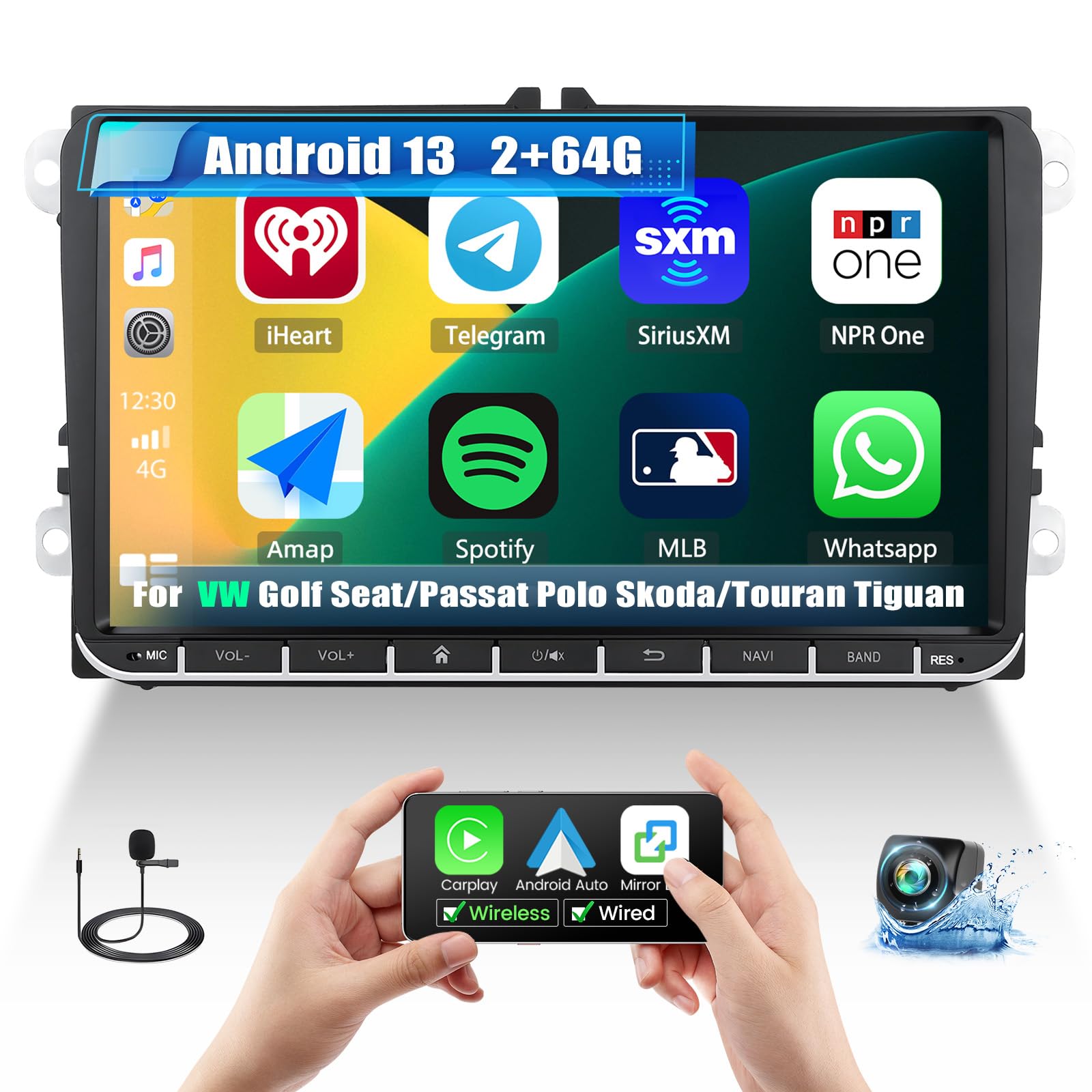 2G 64G 9" Android 13 Car Stereo for VW Polo Tiguan Caddy T5 Golf 5 6 Skoda Octavia Fabia Seat with Wireless CarPlay Android Auto, Touch Screen Bluetooth Car Radio with GPS WiFi FM RDS + Backup Camera