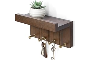 Rebee Vision Farmhouse Key Holder Wall Mount - Small Key and Mail Holder for Wall with 4 Hooks and Mini Floating Shelf - Ideal Apartment Essentials for Room Decor Aesthetic (Rustic Brown)