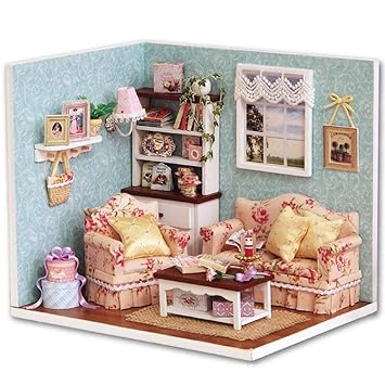 Webby DIY Living Room Miniature Doll House with Lights (Blue)