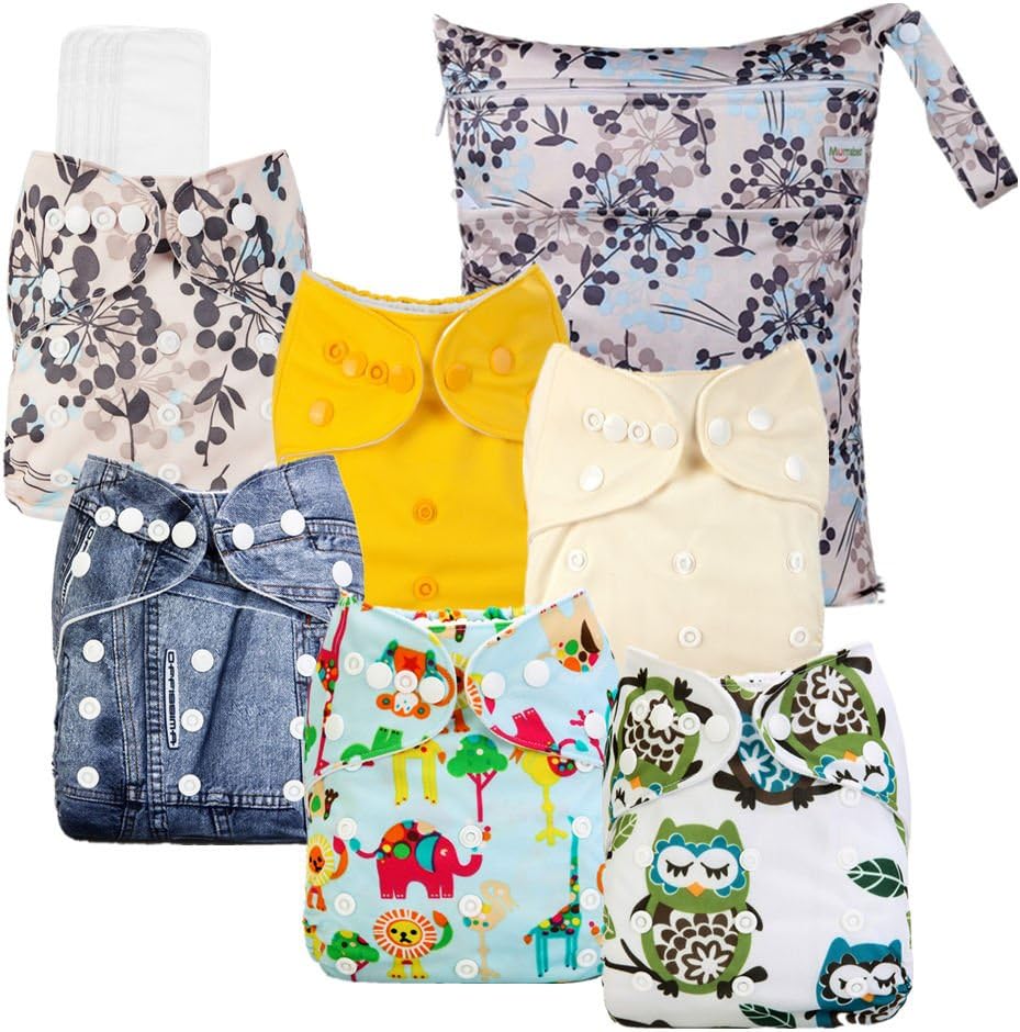 Mumsbest One Size Adjustable Washable Reusable Baby Pocket Cloth Diaper Covers 1 Wet Bag + 6 Inserts + 6 Cloth Diapers