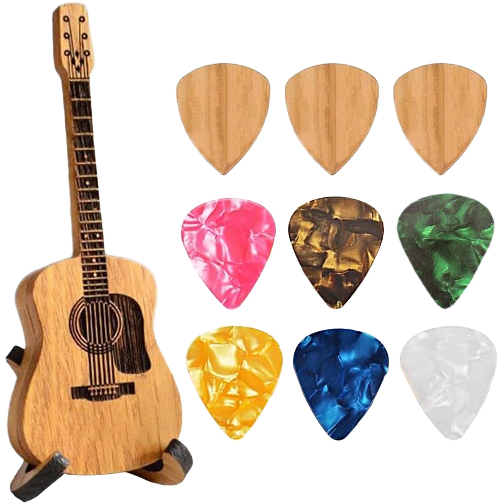 Colaren Wooden Acoustic Guitar Pick Case, Guitar Pick Holder with 9 Guitar Picks for Guitar Players Lovers