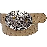 Western Oval Buckle with Ostrich Print belt in Beige L/XL