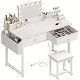 KAI-ROAD White Makeup Vanity Desk with Chair no Mirror, Small Vanity Table with Fabric Drawers, Power Outlet & Stool Without Mirror, Modern Make Up Desk Set for Bedroom