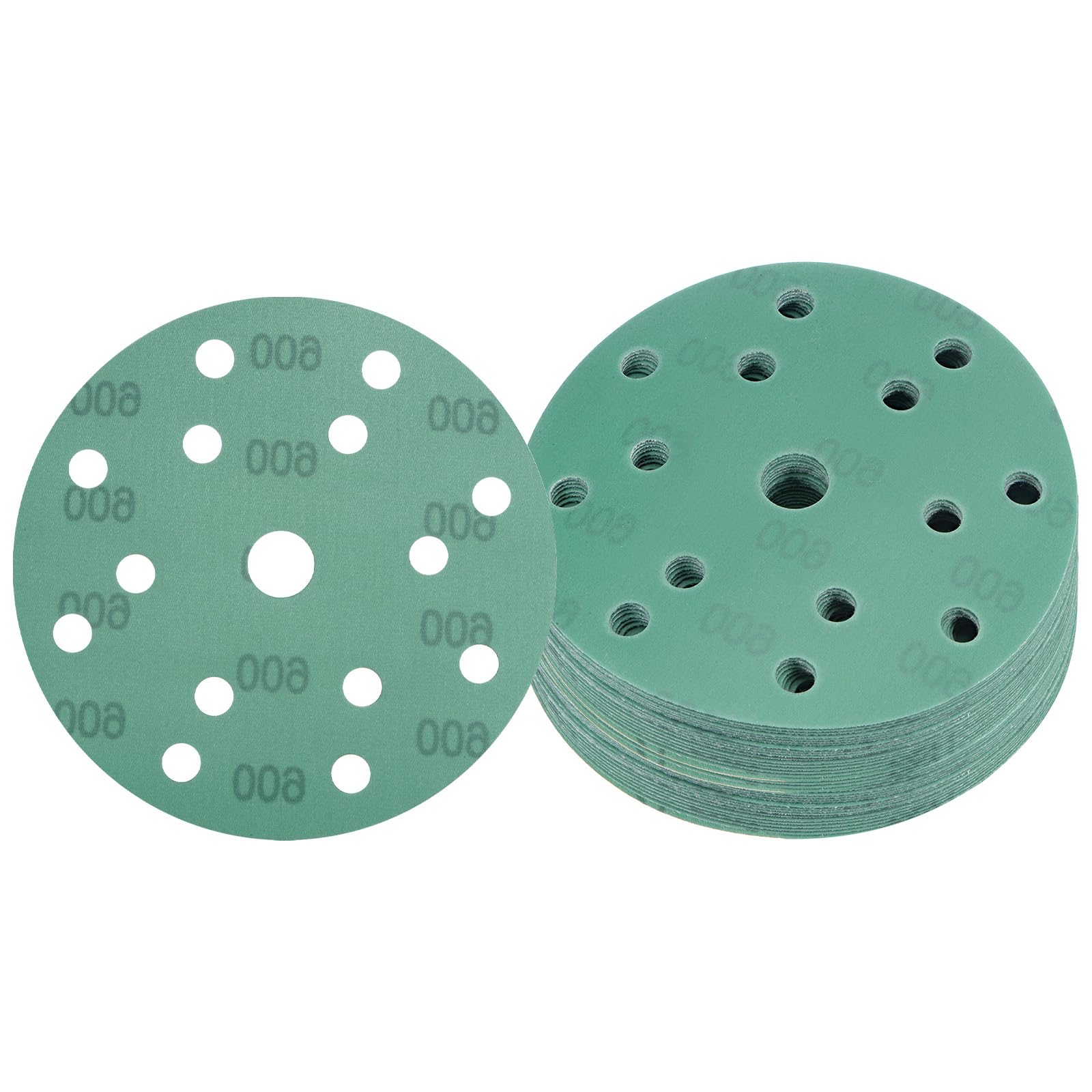Kozelo 50pcs Green Film Sanding Discs - [6 Inch 600 Grits 15 Hole ] Round Aluminum Oxide Hook & Loop Wet Dry Sander Pads for Wood Metal Polishing Use| Zirconium Corundum Sandpaper