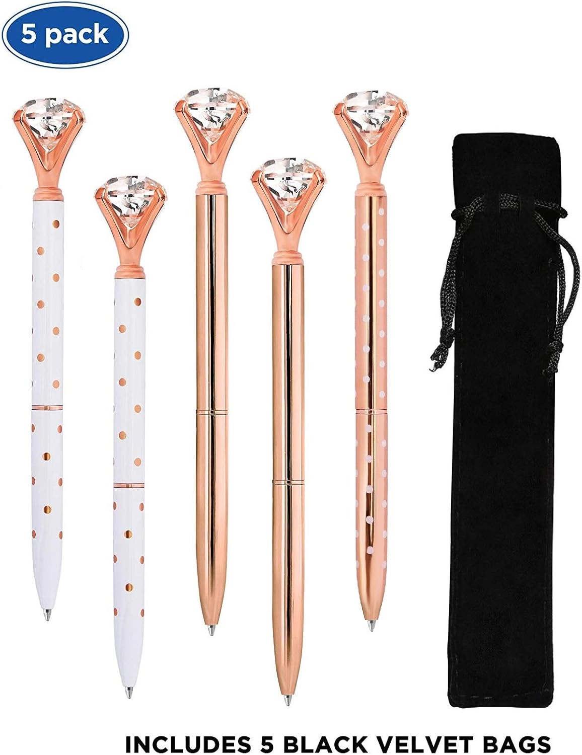 Diamond Ballpoint Pen - (5 Pack) Rose Gold Pens with Big Diamond/Crystal and Metal Ball-Point Fun Bling Crystal Pen for Stylish Fancy Office Supplies, Black Ink