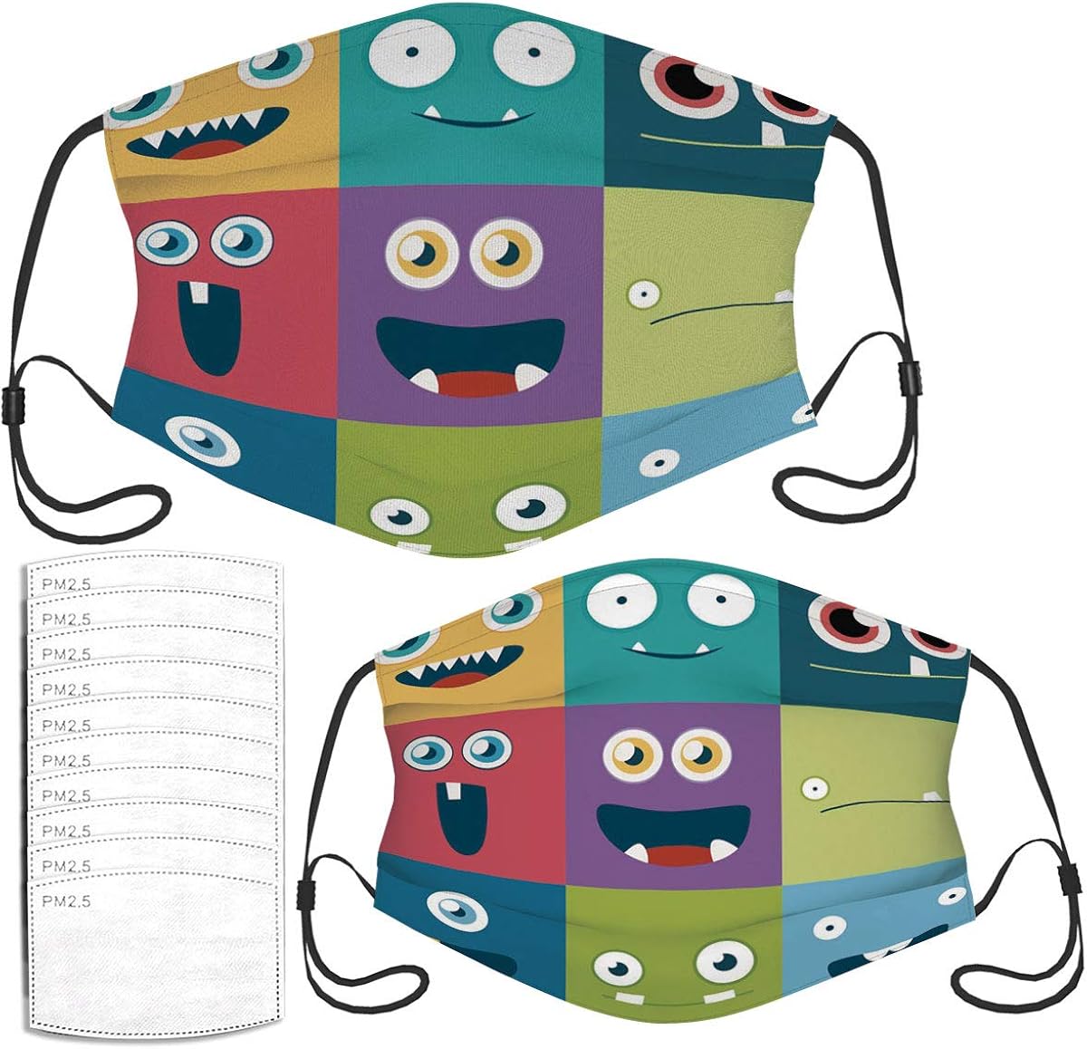 Face Mask Cartoon Faces Vector Set. Cute Square Washable Masks for