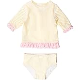RuffleButts Baby/Toddler Girls UPF50+ Sun Protection Seersucker Short Sleeve Ruffle Rash Guard Bikini