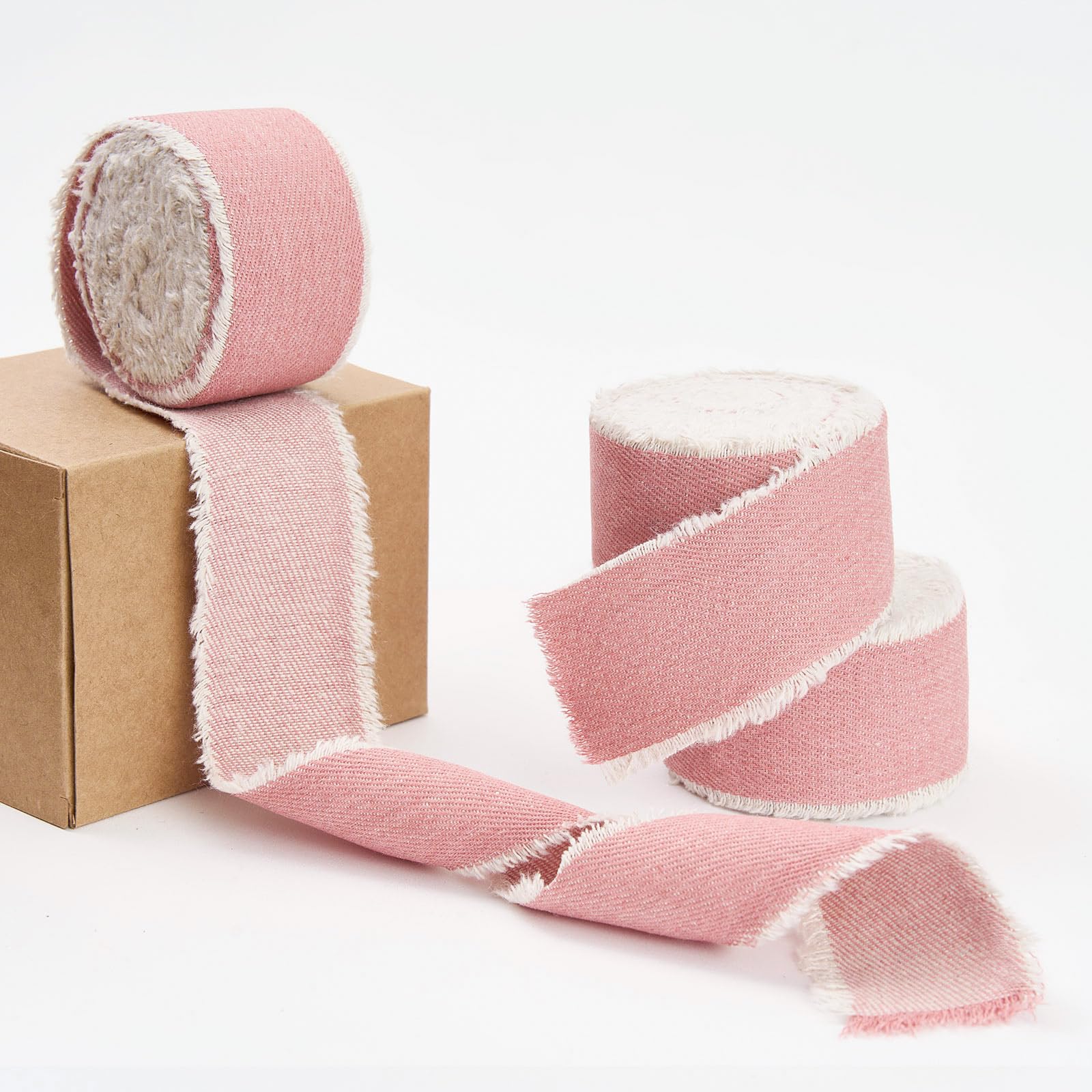 Pretty Jolly Pink Denim Ribbon for Gift Wrapping Handmade Rustic Frayed Cotton Fabric Ribbon for Flower Bouquet Total 15 Yards 1 1/2 Inch Ribbons for Crafts Hair Wedding Invitation Holiday Decor