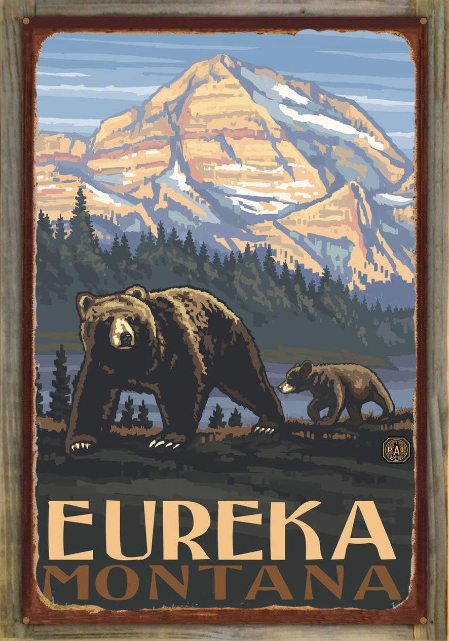 Northwest Art Mall Eureka Montana Rockies Grizzly Bears Rustic Metal Print on Reclaimed Barn Wood from Original Travel Artwork by Artist Paul A. Lanquist 24" x 36"