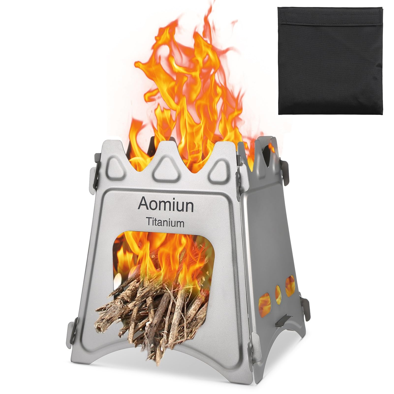 Aomiun Camping Wood Stove,Compact Folding Titanium Wood Stove with Mini Alcohol Stove for Outdoor Camping Cooking Picnic(Titanium/Stainless Steel)
