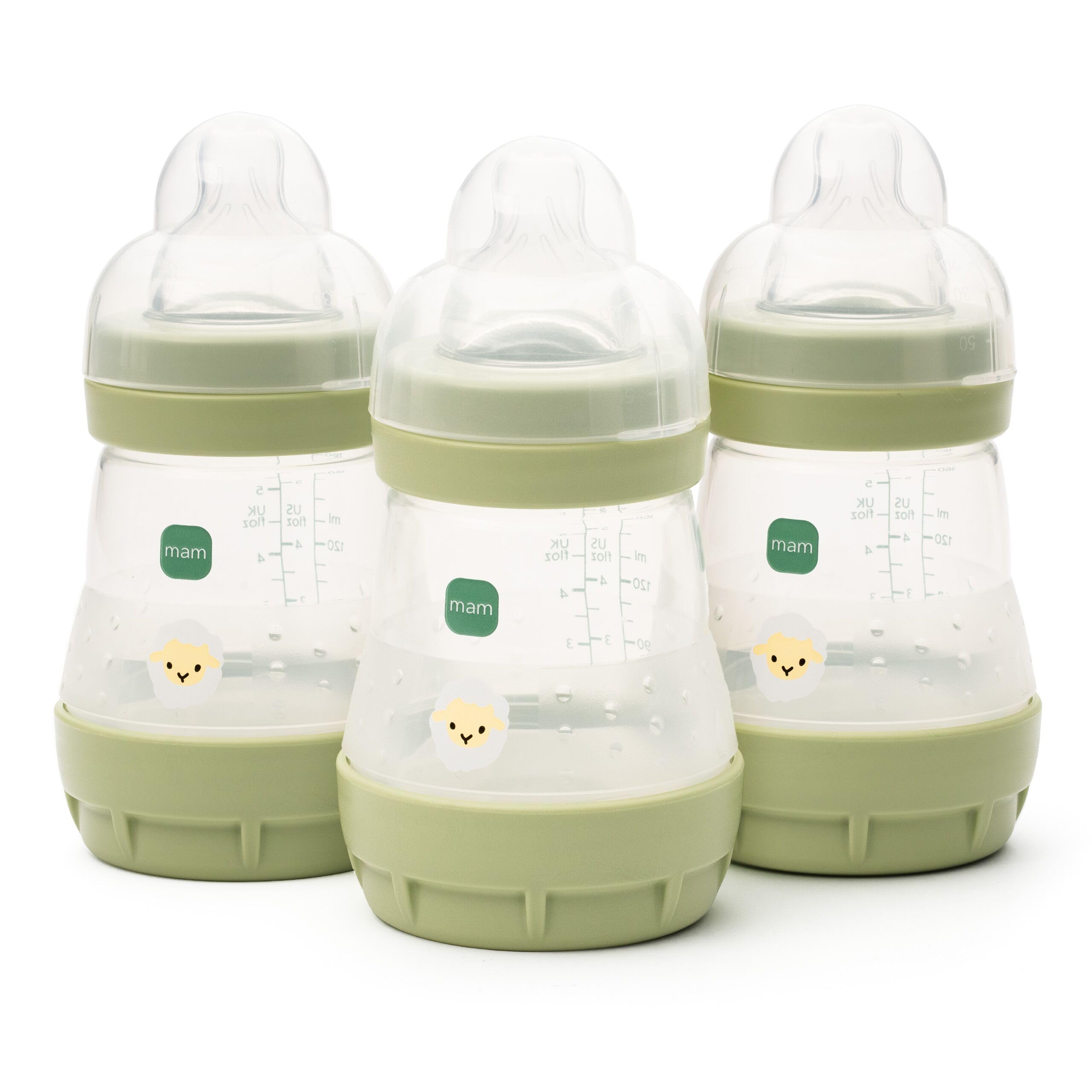 MAM Easy Start Anti-Colic Baby Bottles | 3 Pack (3 x 160ml) | Self-Sterilising Baby Milk Bottle | Slow Flow MAM Teats Size 1 | Newborn Essentials | Green (Various Designs)