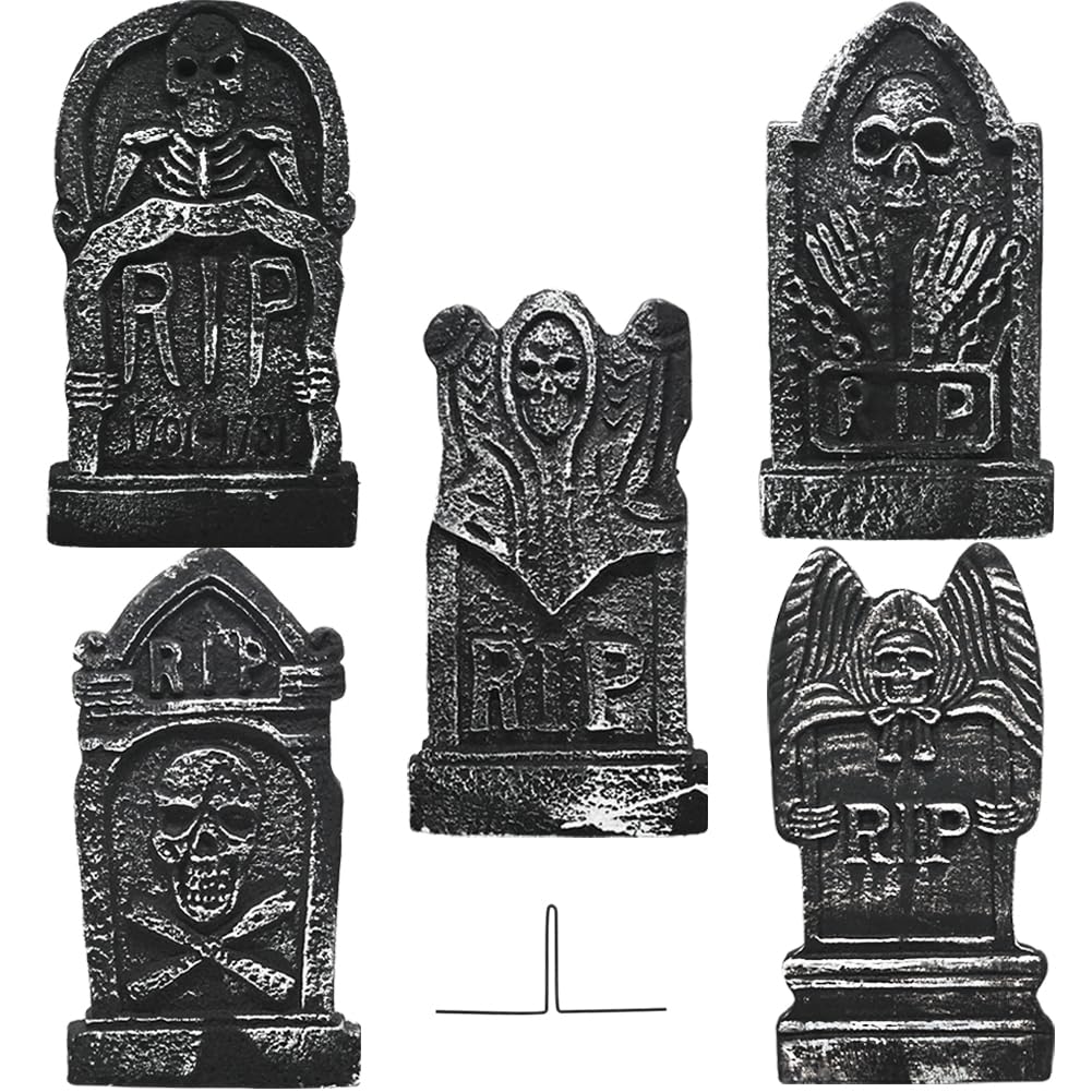 Photo 1 of 17" Halloween Foam RIP Tombstones, 5Pack Graveyard Headstones Decorations with Stakes, Spooky Tombstone Halloween Yard Decorations for Lawn, Yard, Haunted House Decor