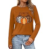 Fall Shirt for Women Halloween Funny Pumpkin Plus Size Long Sleeve Holiday Tee Tops