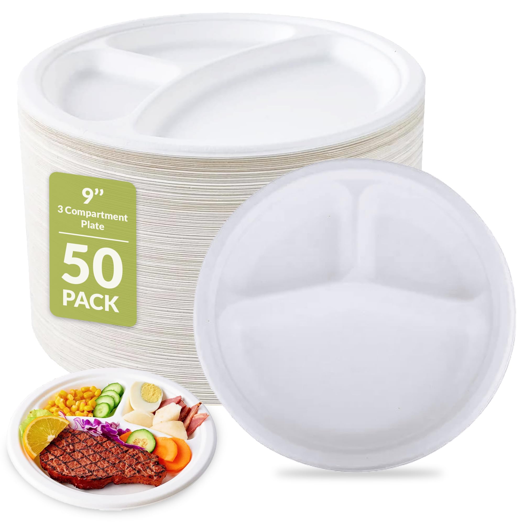 Strong Paper Plates, Disposable Plates, Compostable & Biodegradeable Plates - Super Rigid - Extra Strength - Premium Eco-Friendly Sugarcane (Round Plates, 9 inch - 3 Compartment - 50pcs)