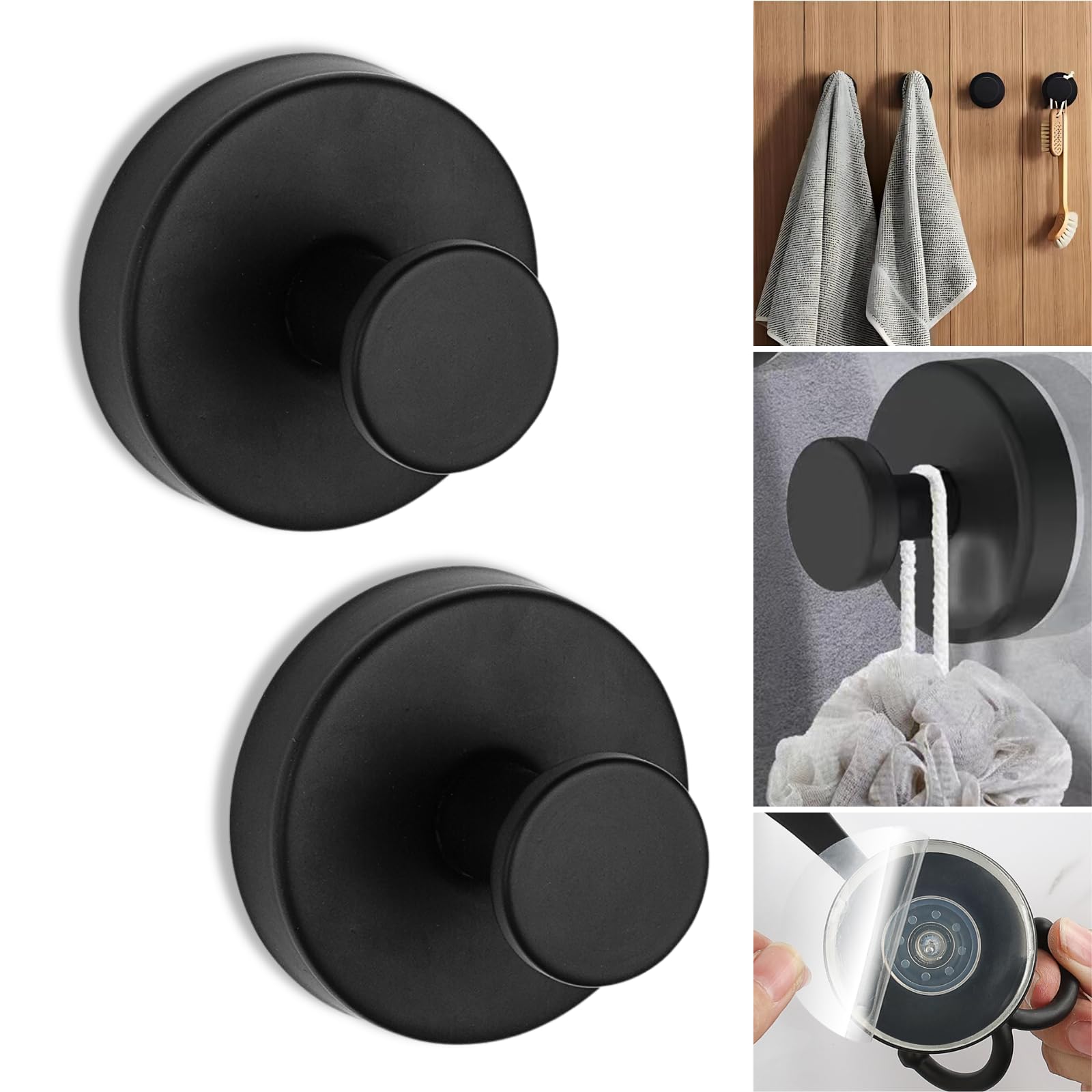 Boxonly No-Drill Suction Hooks, Stainless Steel Waterproof Hooks for Bathroom, Shower, Kitchen, and Mirrors – Heavy Duty Towel Holders (Multipack, Matte Black)