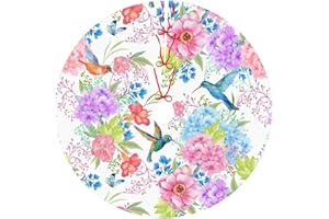 SIIUUOL Hummingbird Flower Christmas Tree Skirt 48 Inches, Flower Xmas Tree Skirt Party Indoor Decoration Ornaments Mat