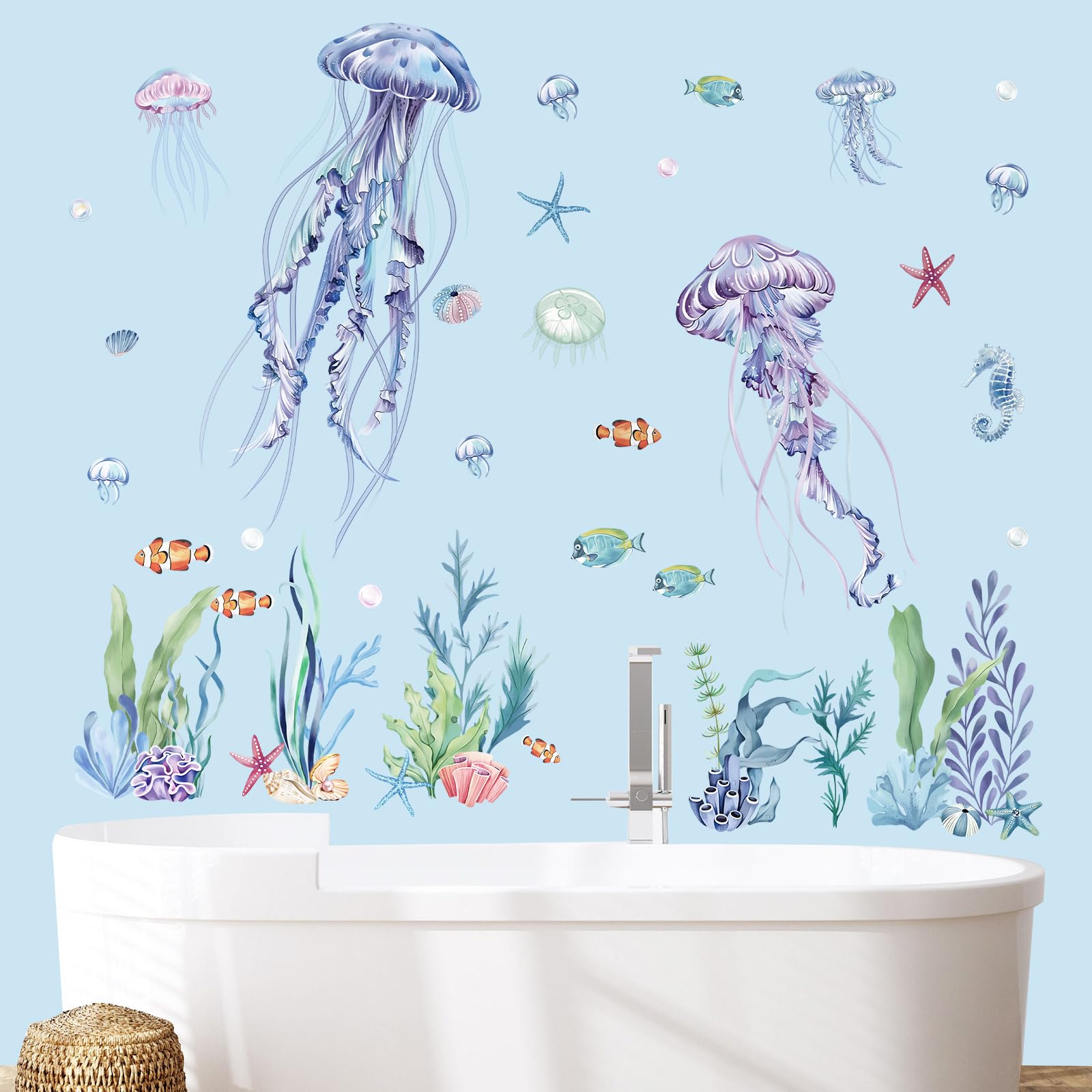 decalmile Under The Sea Jellyfish Wall Decals Ocean Underwater Seaweed Wall Stickers Baby Nursery Kids Room Bathroom Wall Decor