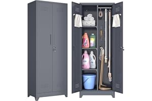 GREATMEET Broom Closet, Broom Closet Cabinet with Pegboard and Hanging Rod, Cleaning Supplies Storage Cabinet for Bathroom, Garage