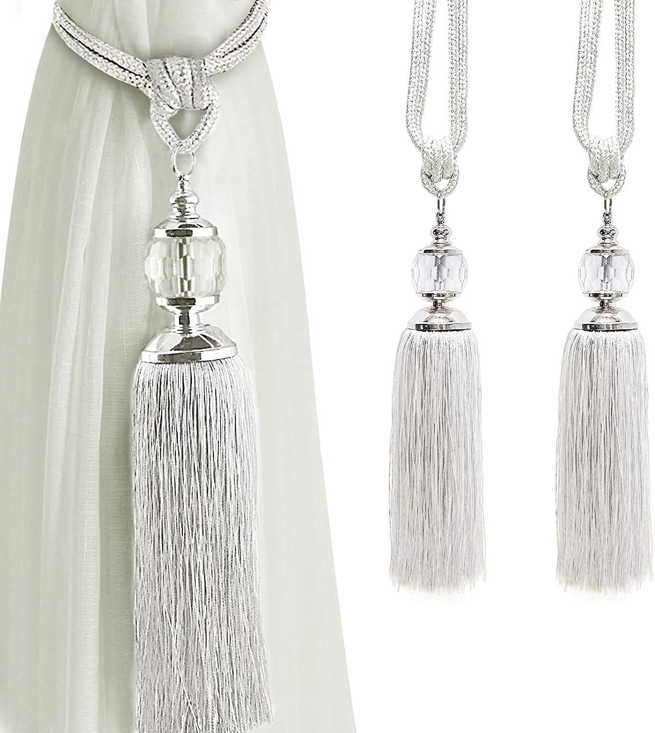 Curtain Tiebacks Crystal Curtain Holdbacks Hooks Handmade Curtain Tieback Rope Tassel Bead Ball Curtain Tie Backs Holder Home Decoration 2 Pack Beige White