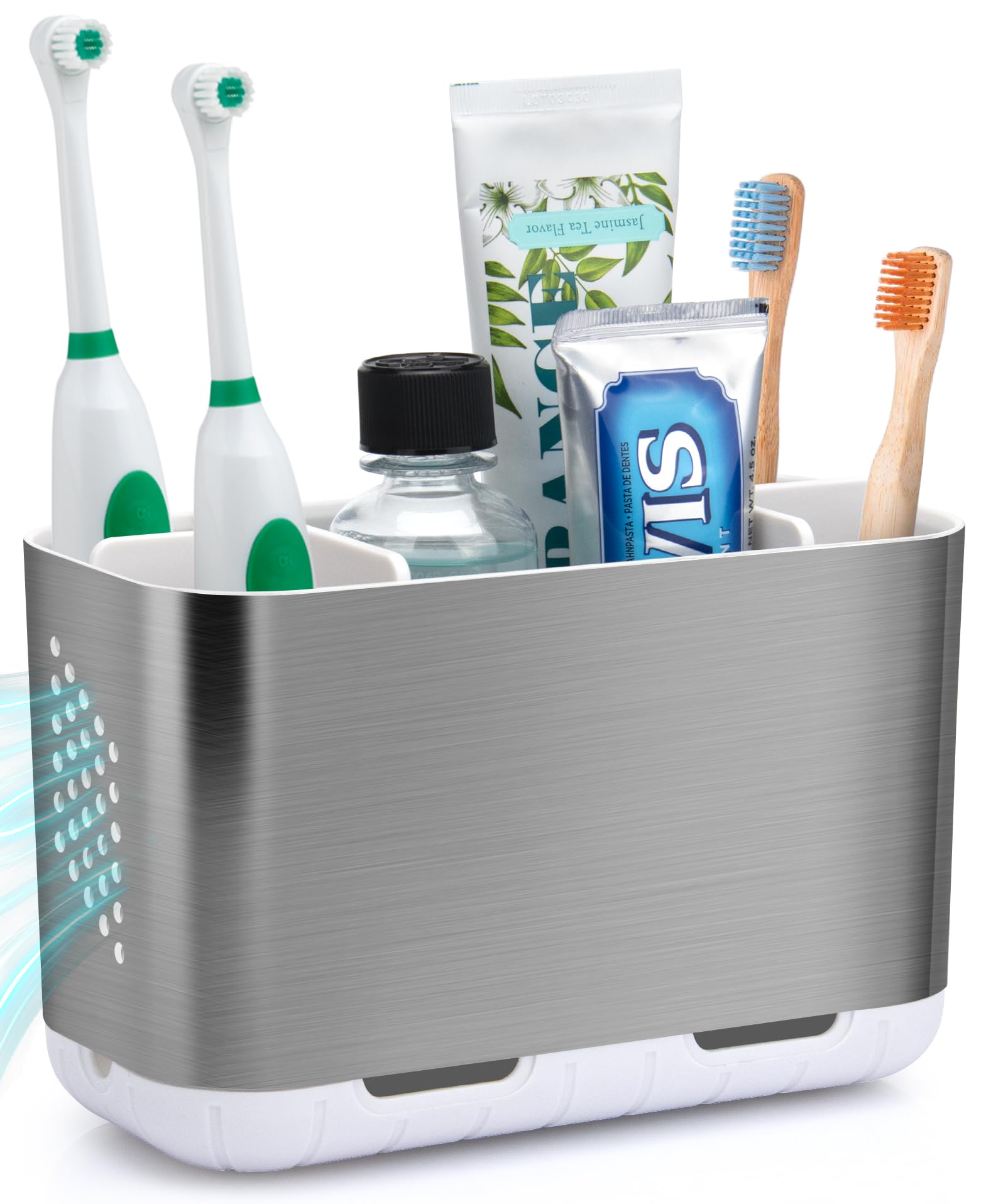Photo 1 of ***FACTORY SEALED*** 
LAFARA Toothbrush Holders for Bathroom Organizer Countertop, Detachable Anti-Slip Large Electric Toothbrush Holders, Brushed Nickel Toothbrush and Toothpaste Storage Caddy Drainage for Family, Kids