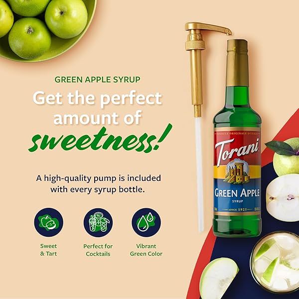 TORANI GREEN APPLE SYRUP FOR DRINKS, FLAVORING FOR SODAS AND COCKTAILS, PUMP INCLUDED, 25.4 OZ