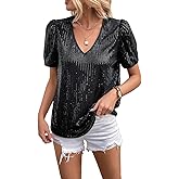 MINTLIMIT Women's Sequin Tops Short Sleeve Shimmer Glitter Top V Neck Sparkly Blouse Club Party Shirt
