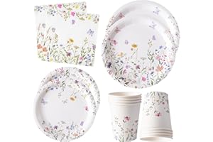 96PCS Wildflower Paper Plates and Napkins, Disposable Floral Plates for Bridal Shower, Garden Party, Wedding, Mother's Day, S