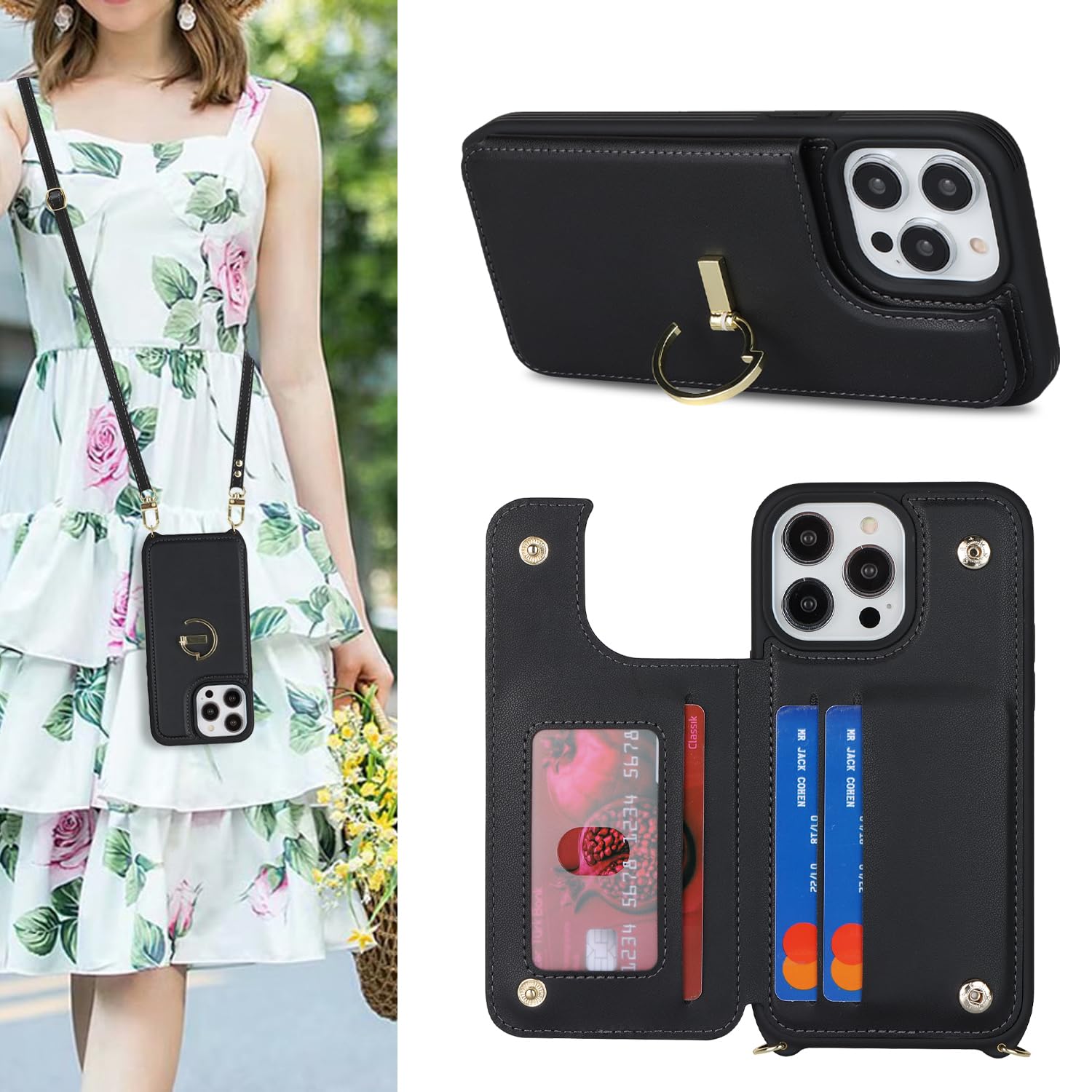 SailorTech iPhone 13 Pro Case with Credit Card Holder, Leather Case Ring Stand with Kickstand, Strap Card Slots Wallet Crossbody - Black