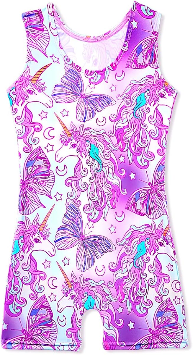Leotards for Girls Gymnastics with Shorts Butterfly Unicorn Mermaid Dance Unitards Biketards Hotpink Black : Clothing