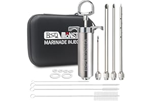 OFG BSQ MONSTER Meat Injector Syringe Kit with 4 Professional Marinade Injector Needles and Travel Case for BBQ Grill Smoker, Turkey, Brisket; 2-oz Capacity; Paper User Manual and E-Book (PDF)
