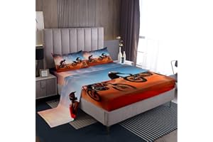 Dirt Bike Bed Sheet Set Motocross Rider Bedding Set Extreme Sports Fitted Sheet Cool Motorbike Flat Sheet for Kids Boys Girls