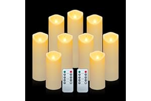 Aignis 9pcs Flameless LED Candles Battery Operated with 10-Key Remote & Timer, Indoor Heat Resistant, 3D Wick with Warm Flickering Glow for Cozy Home/Wedding/Holiday Décor (D 2.2" x H 5"/6"/7")