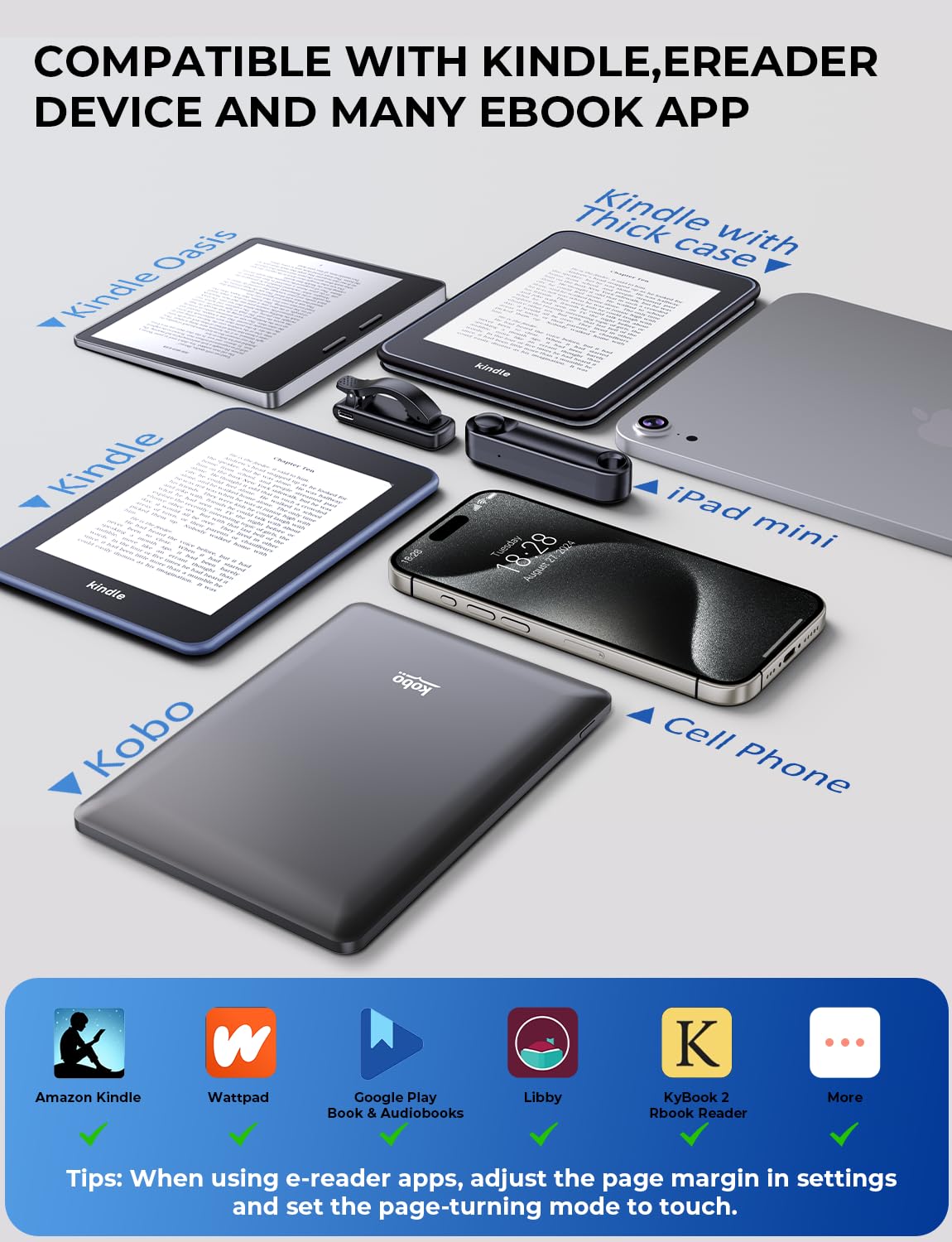 Mumay Gooseneck Holder with Page Turner for Kindle: Adjustable Bed Arm Stand for Hands-Free Reading, Kindle Accessories & Gifts for Book Lovers