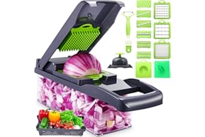 CGG CREATIVEGADGETS Vegetable Chopper, 17-in-1 Food Slicers Dicers Cutters for Veggies, Multifunctional Fruit Onion Vegetable Choppers/Slicers/Dicers with Container Drain Basket, Potato Carrot Garlic Chopper, 9 Blades