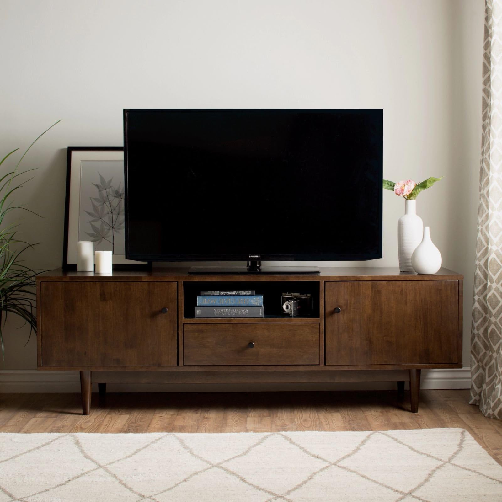 MFR Furniture Mid-Century Modern TV Stand Provides Retro Style Contemporary Functionality. 72-Inch Entertainment Center Open Shelf, Drawer Two Cupboards. Media Cabinet Console Creates Timeless Feel.