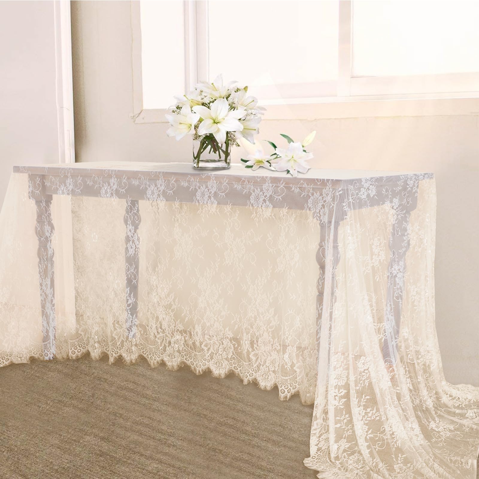 Photo 1 of B-COOL Ivory Lace Tablecloth 60 X120 Inches Rectangle Vintage Embroidered Bridal Wedding Tablecloths Sheer Overlay for Rustic Outdoor Party Reception Home Decor