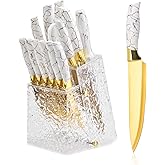 Kitchen Knife Set Non Stick Knives with Block, Serrated Steak Knife, Chef Knife, Bread Knife, Scissors, Sharpener, 14Pcs Stainless Steel Ultra-Sharp Cutlery Block Sets with Titanium Coated Blade