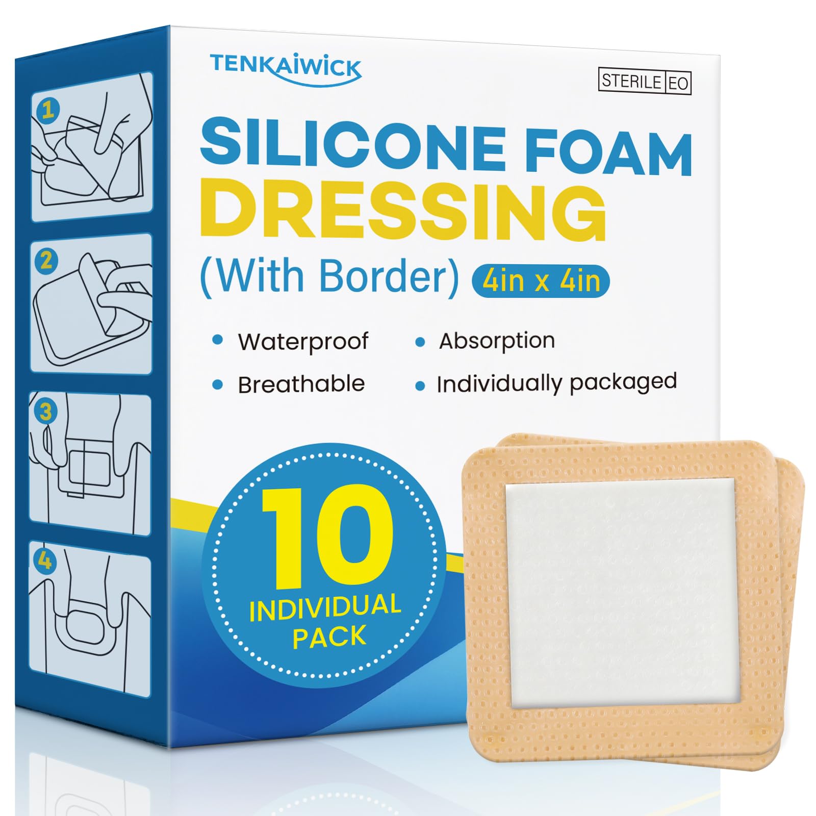 Photo 1 of 10 Pack Silicone Foam Dressing 4"x4" with Adhesive Border, High Absorbency Silicone Bandages, Waterproof Foam Bandages for Wounds Care, Bed Sore, Diabetic Foot Ulcers