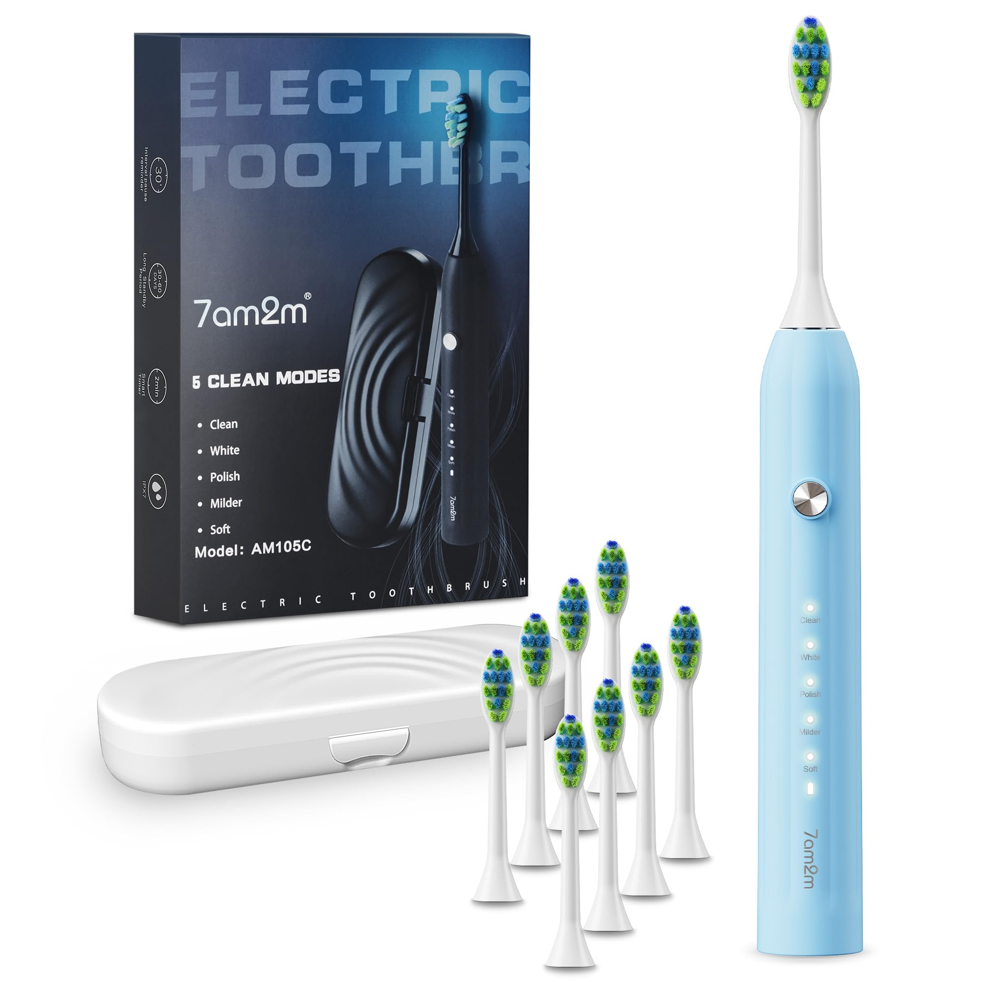 7AM2M Sonic Electric Toothbrush for Adults and Kids, with 8 Brush Heads and Travel Case,5 Modes with 2 Minutes Built in Smart Timer, One Charge Use for 90 Days, Rechargeable Toothbrushes (Light Blue)