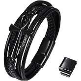 NMQLX Leather Bracelet for Men Women, Ankh Cross Leather Bracelet, Stainless Steel Egyptian Ankh Cuff Bracelet, Leather Braided Bracelet with Magnetic Clasp