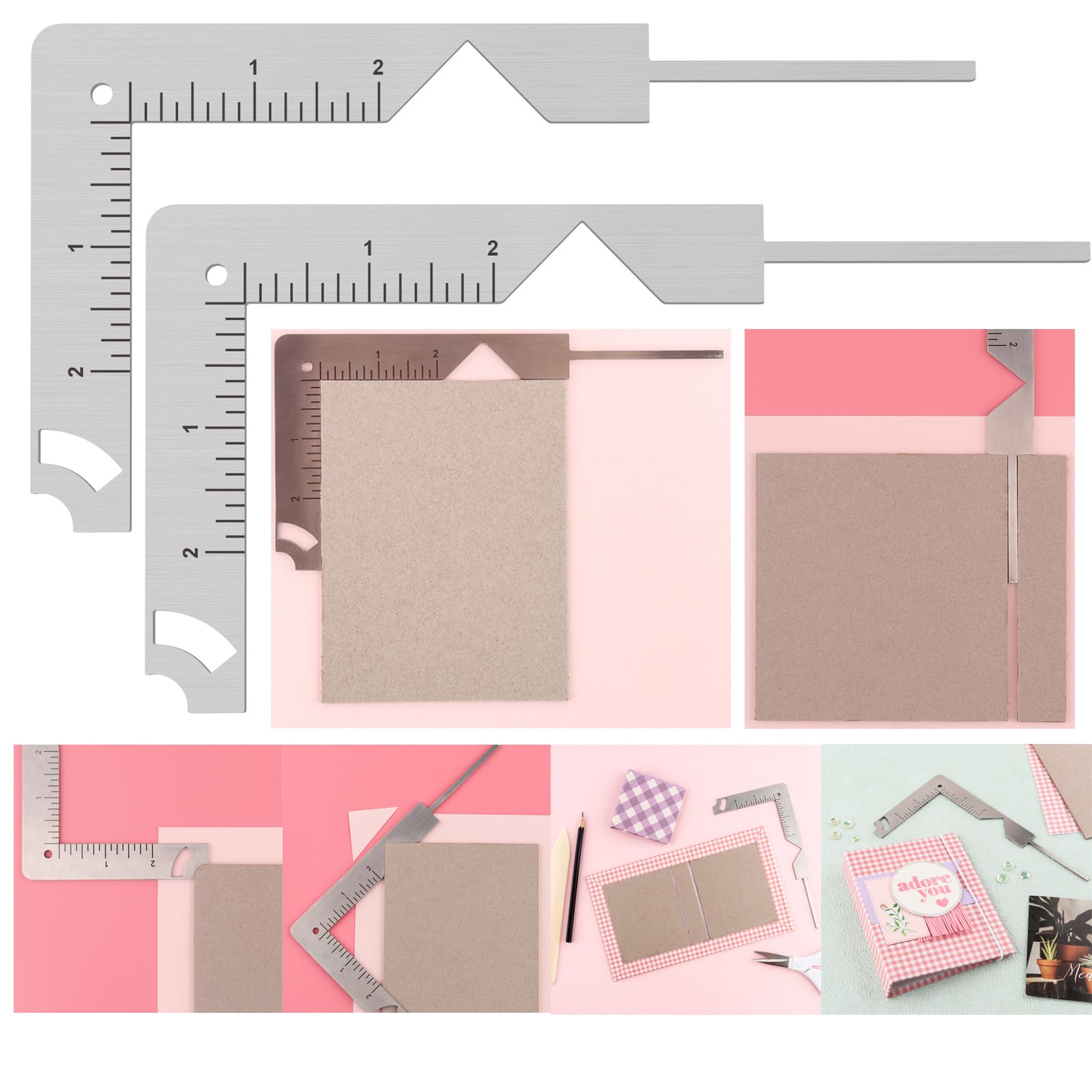 OTCRAFT 2Pcs/Set 5-in-1 Book Cover Guide to Create Sturdy Chipboard Covers,Bookbinding Ruler,Stainless Steel Metal Bookbinding Cover Tool,Scrapbooking Tools Arts Crafts,Scrapbook Cover Maker