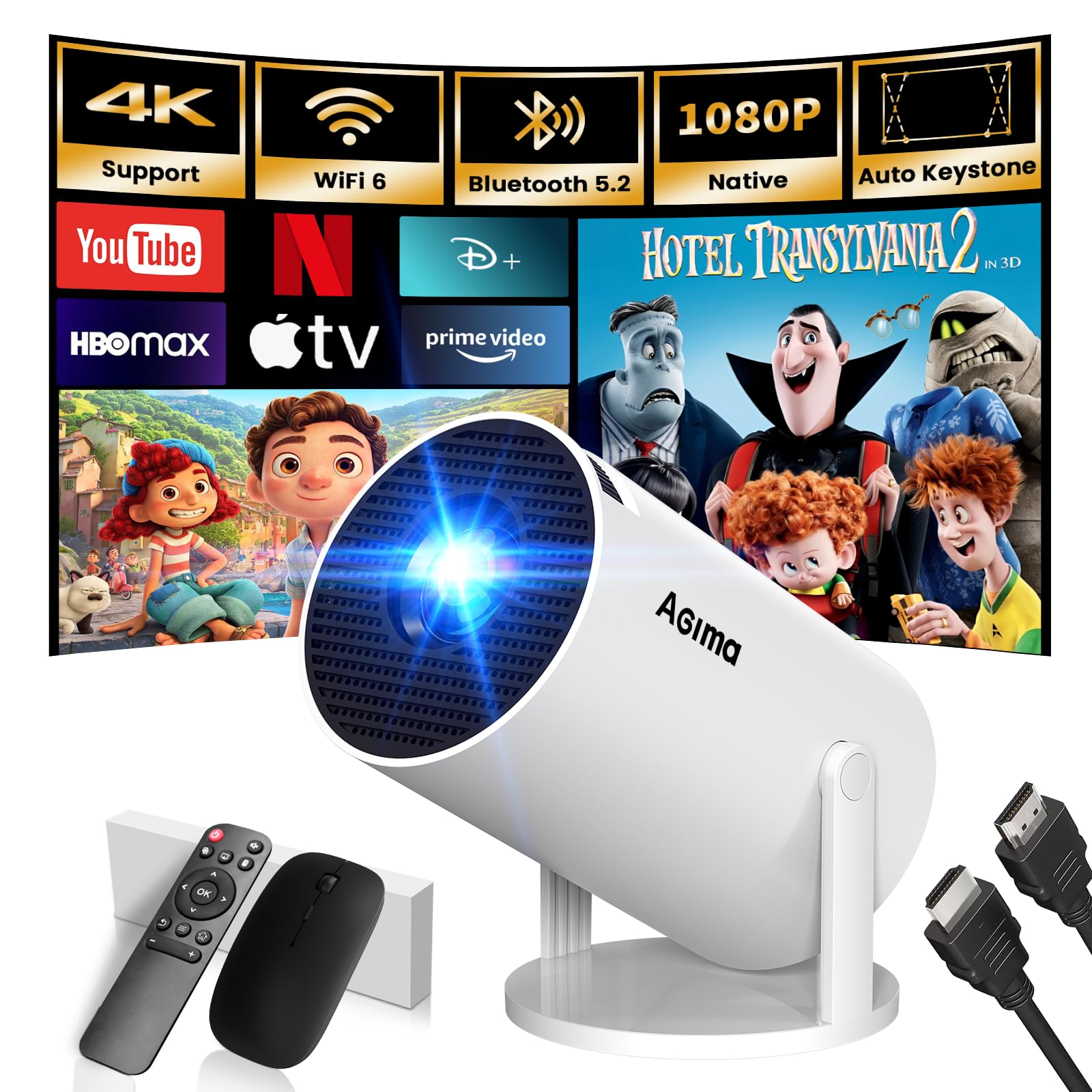 Mini Beamer, 1080P 4K Support 180°Dreh Tragbarer Streaming-Projektor, Klein Videoprojektor Unterstützt 2.4/5G Dual WiFi und Bluetooth 5.0,mit Android und IOS Smart Beamer Doppelsteuerung mit Maus,Weiß