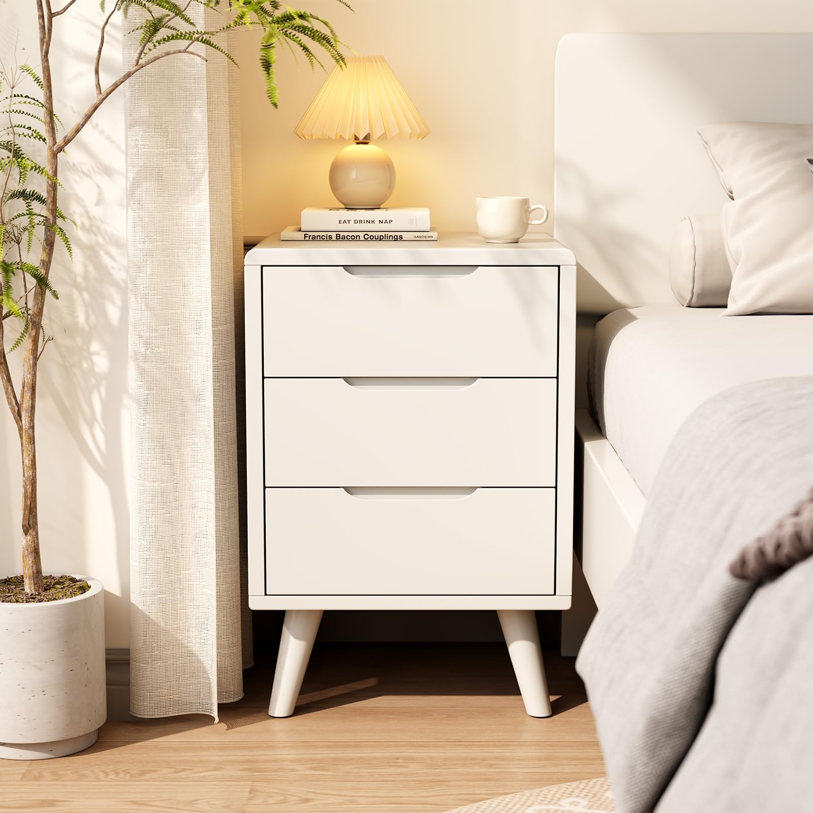 Photo 1 of Tall Nightstand White Night Stand with 3 Drawers Mid Century Modern Nightstand with Storage,Solid Wood Night Stand,Small Bedside Table for Bedroom,Living Room,Office,White Bedside Table