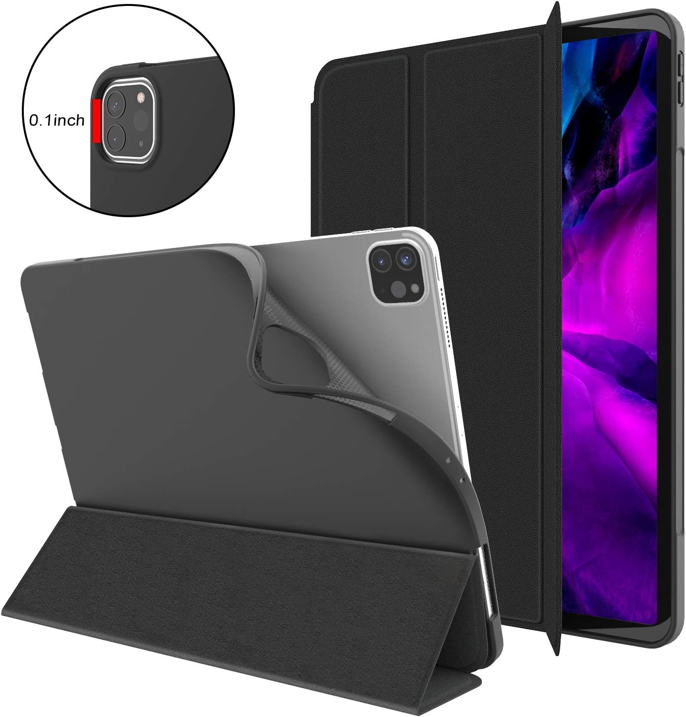 Supveco iPad Pro 12.9 Inch Case 2020/2018, [Auto Wake/Sleep + 2nd Gen Pencil Charging] Slim Soft TPU Cover for iPad Pro 12.9'' 4th/3rd Generation, Black