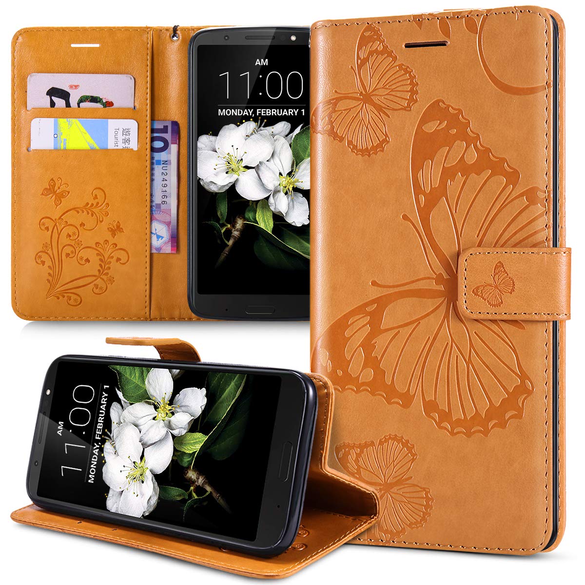 Case for Moto G6 Plus Cover,Embossing 3D Butterfly Lanyard PU Leather Fold Wallet Kickstand Card Slots Magnetic Closure Flip Folio Protective Phone Case Cover for Moto G6 Plus Wallet Case,Yellow